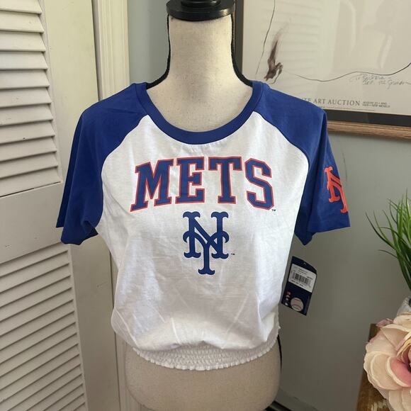NEW YORK METS Girls Shirt XL Raglan Sleeve Smocked Feminine Cut Baseball MLB - Picture 1 of 10